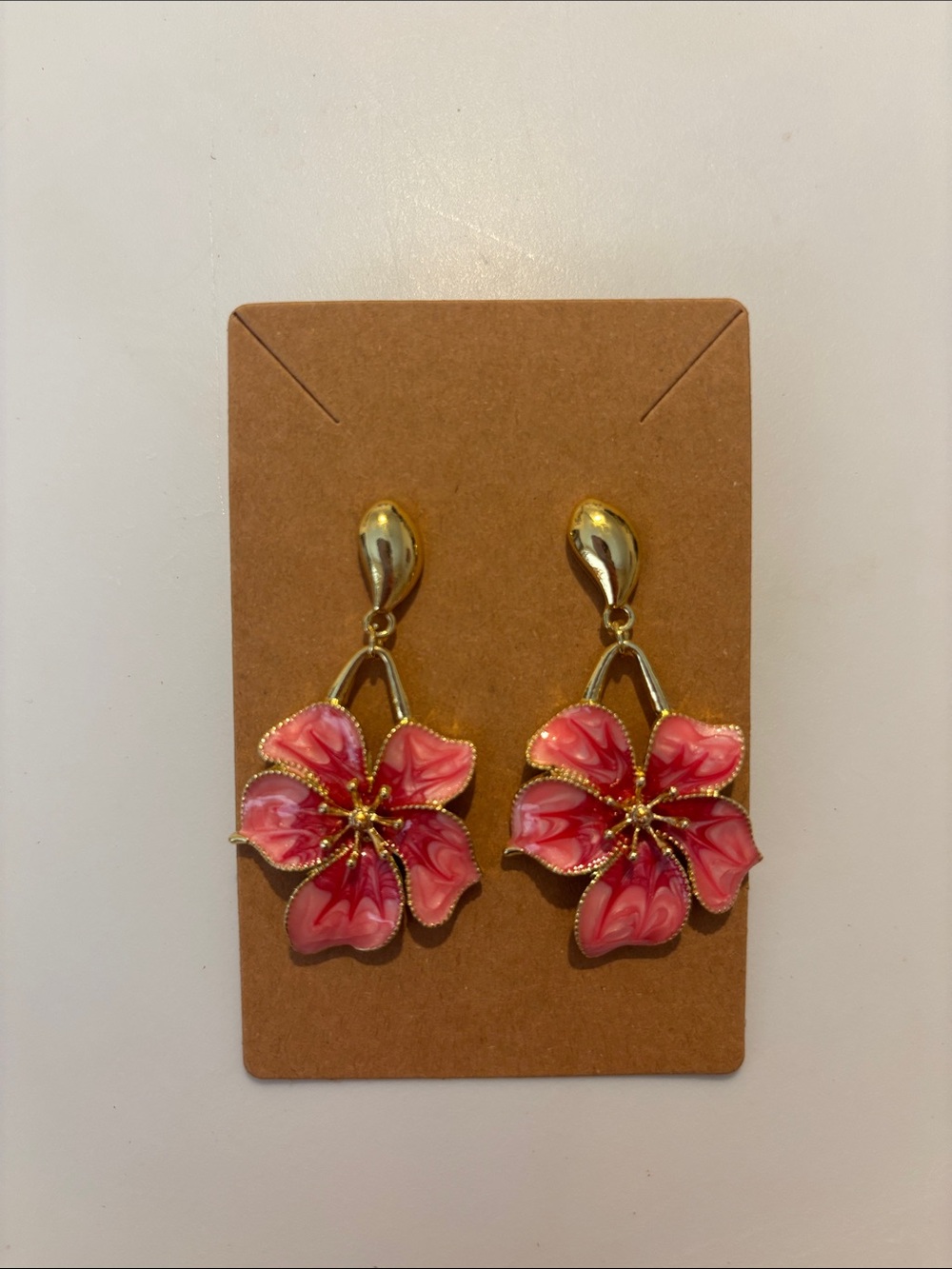 Fashion Jewelry Gold Tone Earrings with Pink Floral Drops